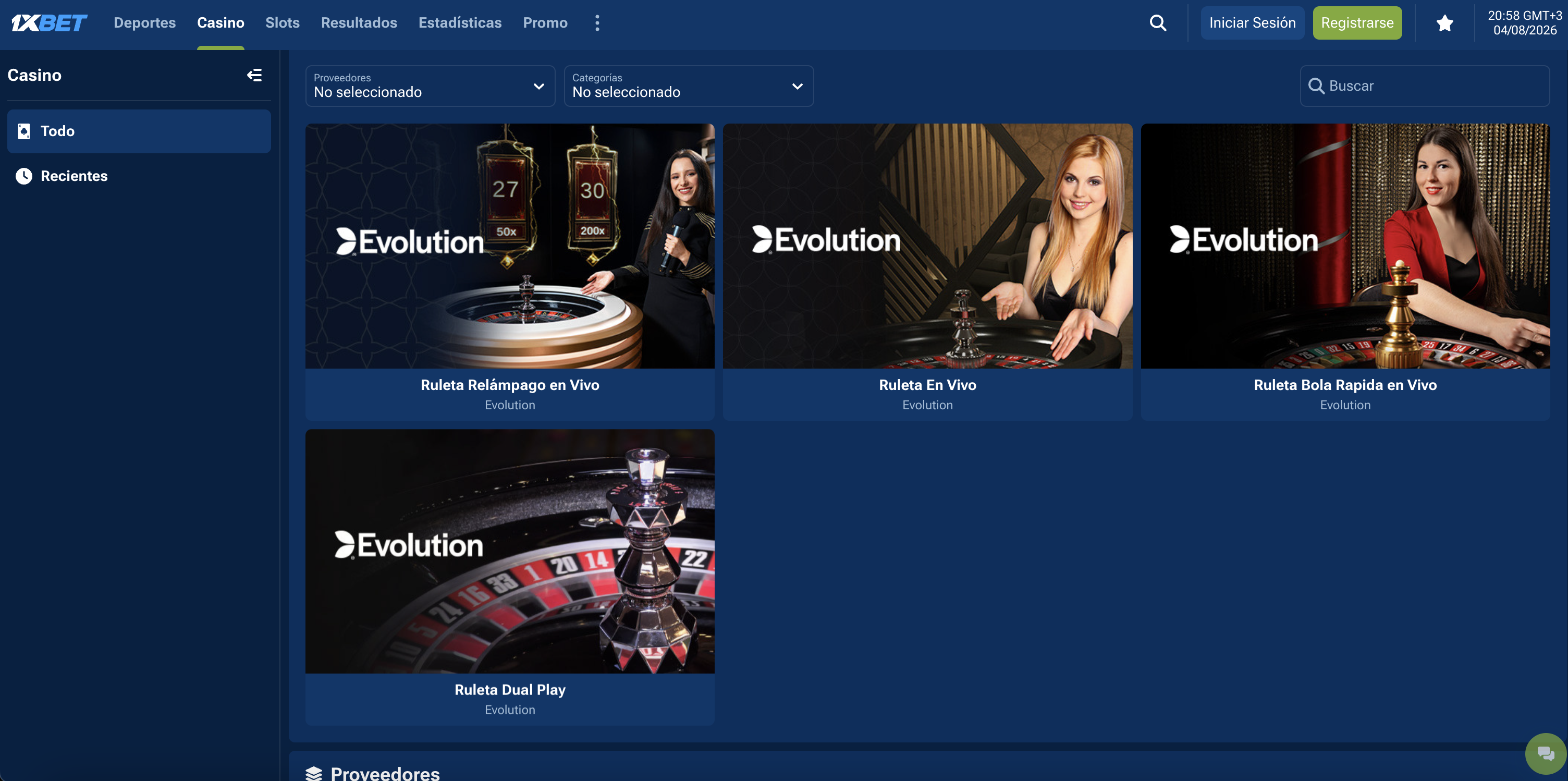 Sección de casino en vivo de 1XBet con cuatro mesas de ruleta de Evolution Gaming