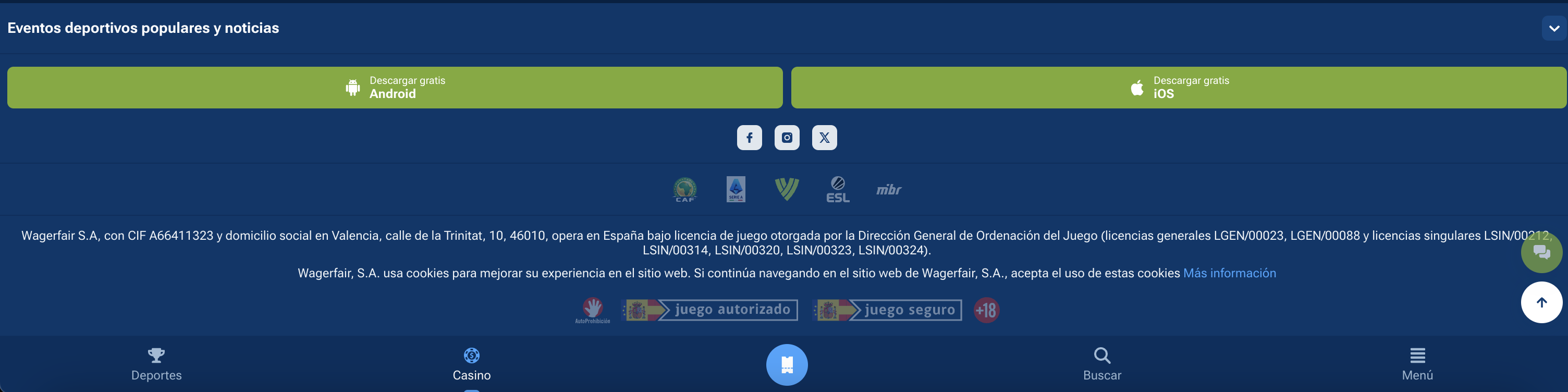 Pie de página de 1XBet con la información legal completa de Wagerfair S.A. y las licencias DGOJ