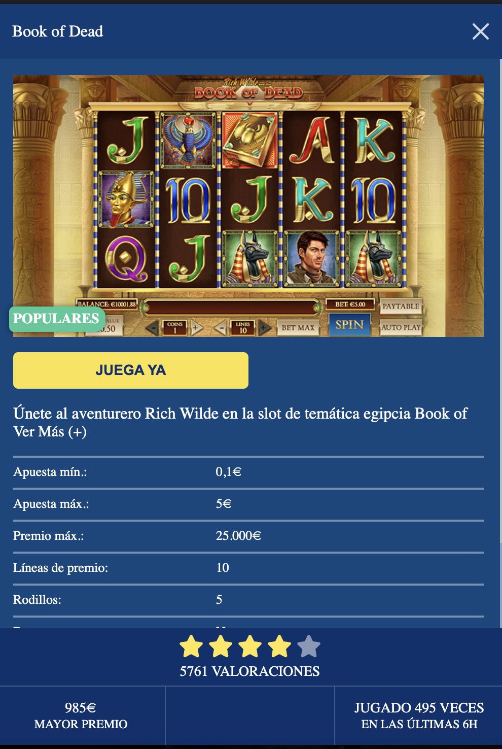 Detalle del juego Book of Dead en Luna Casino, con apuesta mínima, máxima y premio máximo