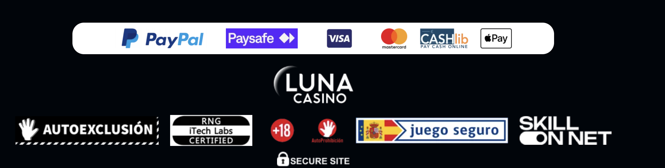 Pie de página de Luna Casino con métodos de pago y sellos de seguridad