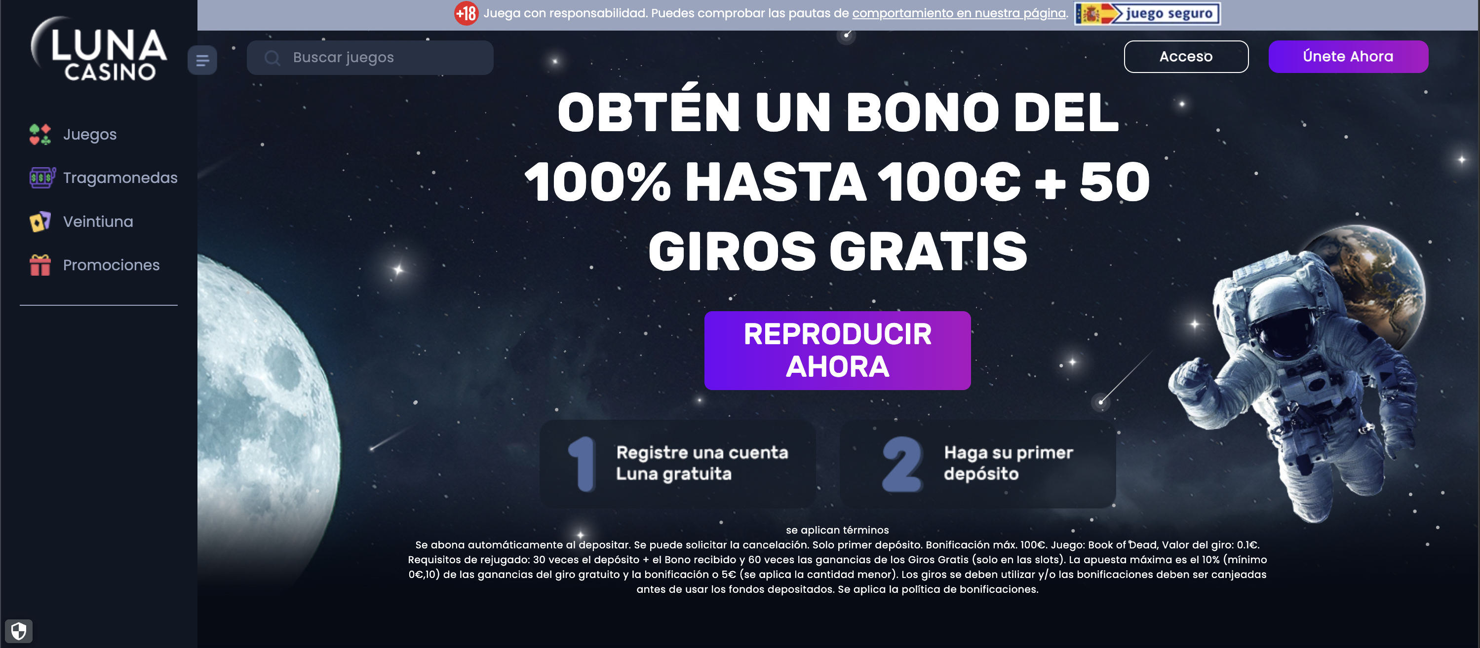 Página de inicio de Luna Casino con el bono de bienvenida