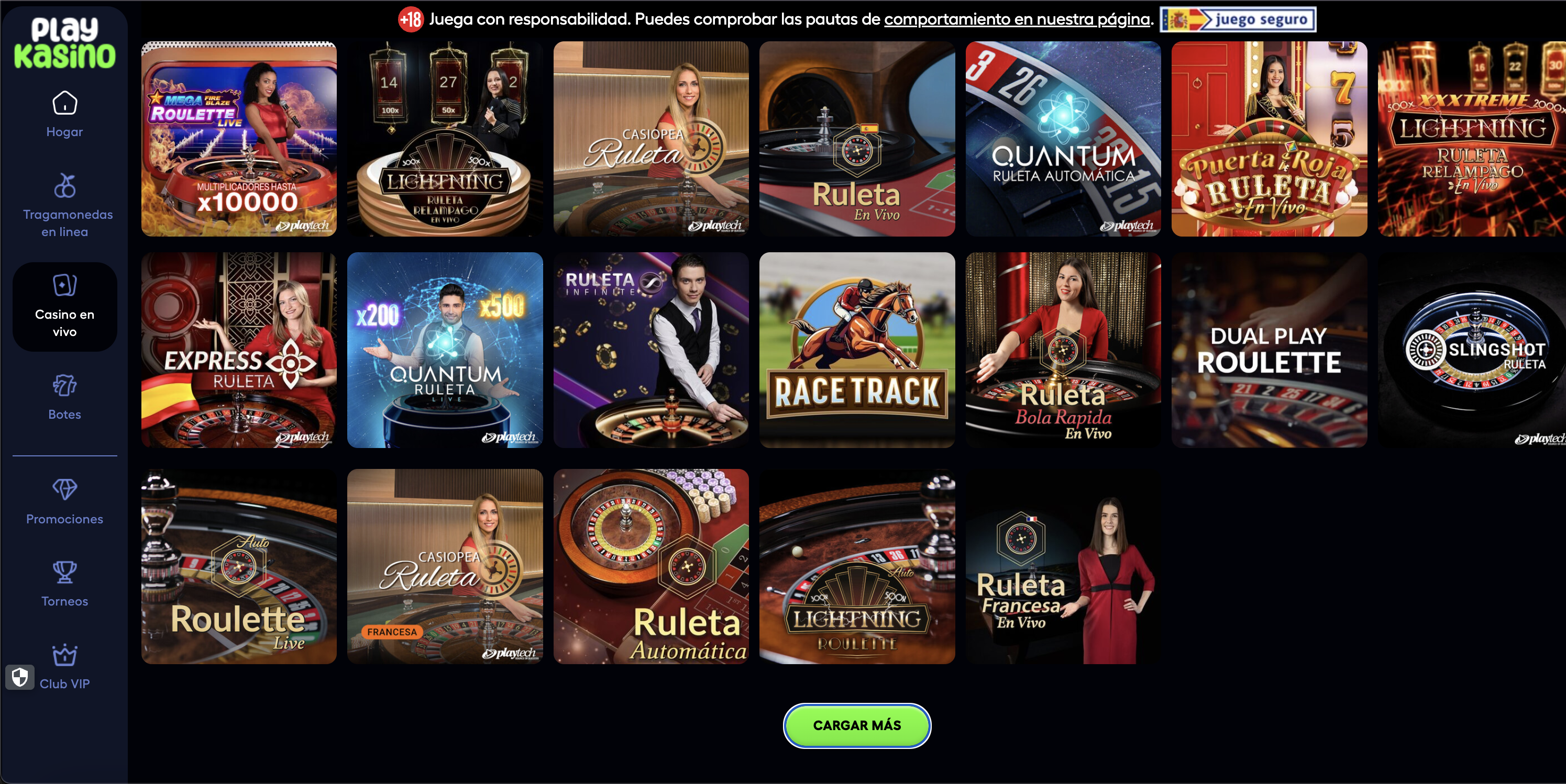 Sección Casino en Vivo de PlayKasino