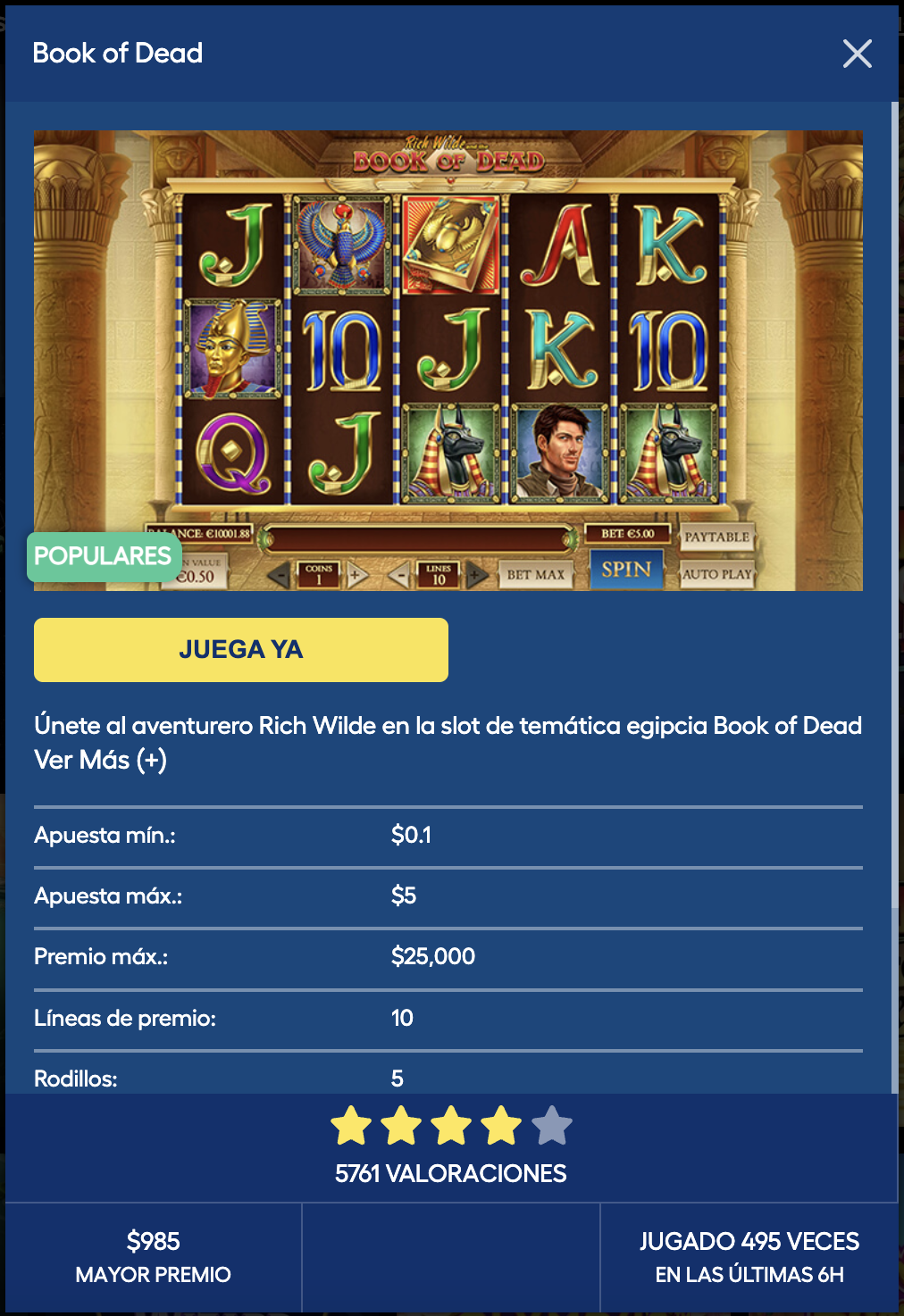 Ficha del juego Book of Dead en PlayKasino