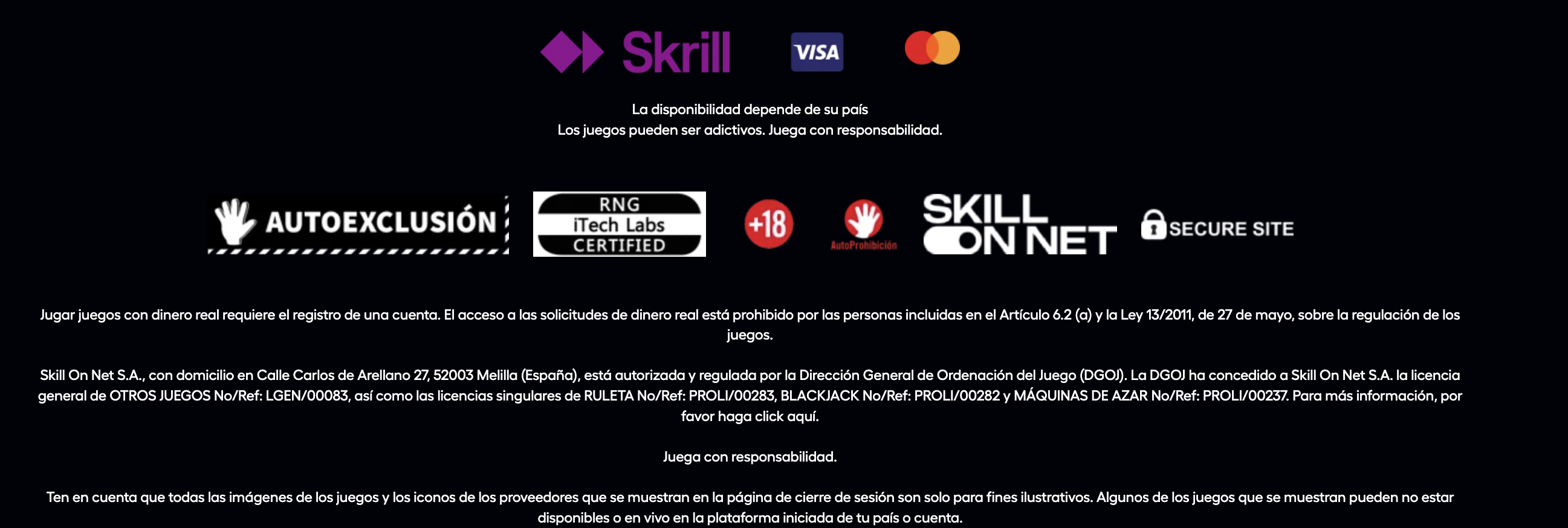 Pie de página de PlayKasino con información de licencia