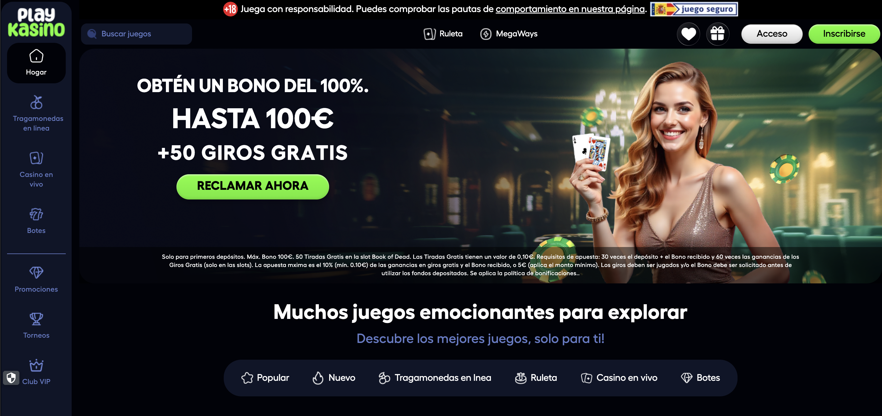 Portada de PlayKasino con el banner del bono de bienvenida